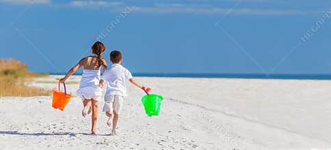 Children, Boy Girl Brother Sister Running Playing on Beach