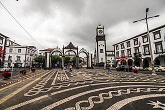 PONTA DELGADA, PORTUGAL - July, 2018: City Gates at the historical center of Ponta Delgada, the capital of Azores Islands.