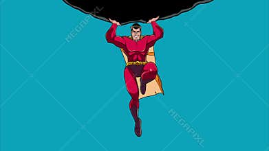 Superhero Holding Boulder Blue Background