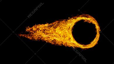 car wheel or circle enveloped in flames isolated on black background.