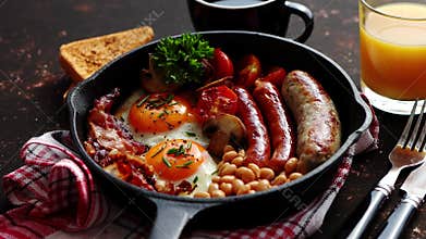 Full English breakfast on dark rusty background