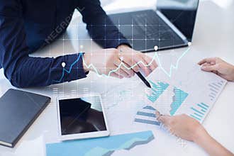 Diagrams and graphs on virtual screen. Business strategy, data analysis technology and financial growth concept.
