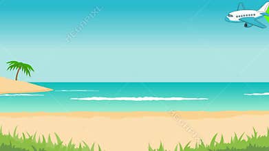 Animation of tropical landscape - beach, sea, waves, palms.