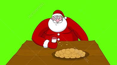 Big fat Santa Claus eating cookies and drinking milk.