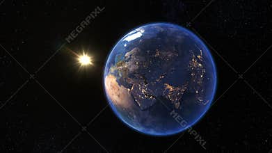 Sunrise over the earth planet rotation 360 degrees seen from space. Earth with the Sun. Looped animation. 4K 3D