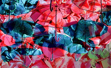 Colorful umbrellas under a pouring rain