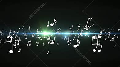 Animated falling 3d music notes. Black bokeh background