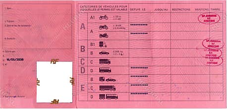 A french / european driving license, inside page with description of permitted driving vehicles, red, with passing stamps