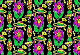 Psychedelic neon trip seamless pattern. Retro 70s groovy repeating texture. Cartoon funky flowers, rainbow, acid hippy