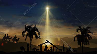 Christmas Nativity Scene animation with real animals and trees on starry sky