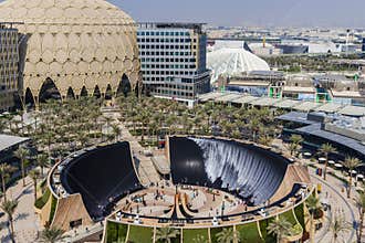 Dubai, UAE - 10.23.2021 Areal view of some of the pavilions, Al Wasl dome and water feature at EXPO 2020. Event