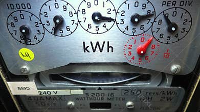 Close-up of a domestic electric meter and fast spinning dial.