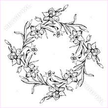 Spring wreath with hand drawn flowers outline daffodil.
