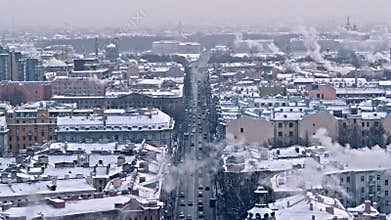 Aerial view of snow city. Saint Petersburg petrogradskiy district.