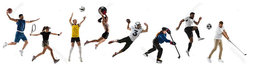 Sport collage. Tennis, basketball, soccer football, hockey, golf, cycling, fitness, running, volleyball players in