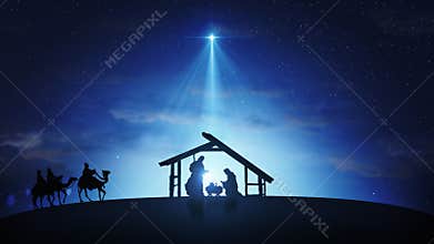 Christmas Nativity Scene animation with wise men under starry sky