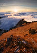 Dramatic sunrise in mountains with fog and sun - landscape  Slovakia