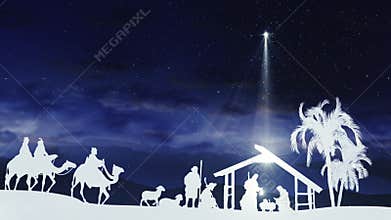 Christmas Nativity Scene with animals and trees on starry sky