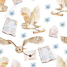 Owl with letter watercolor seamless pattern