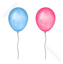 Water color illustration set of two air balloons in different colours: light blue and rose.