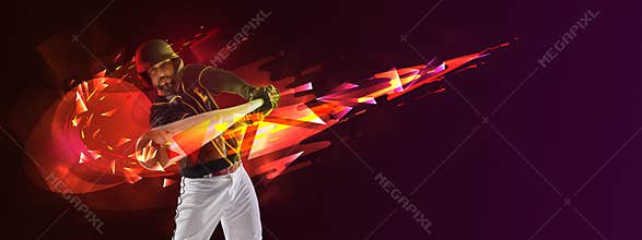 Artwork, poster or flyer. One professional baseball player in motion and action with bat isolated on dark background