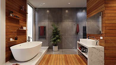 Luxury Bathroom Interior With Bathtub And Beautiful Quartz Countertop