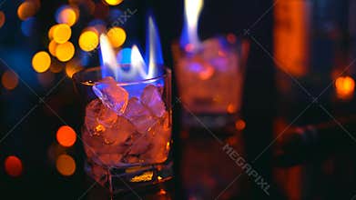 On the bar there are two glasses with burning strong alcohol with ice, a cigar, a bottle and colored lights of the bar.