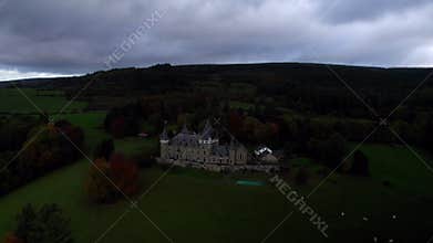 Beautiful castle Chateau de Froidcour Aerial view Belgium Ardennes