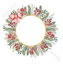 Watercolor Christmas tree wreath with berries and bow decoration clipart, Winter frame illustration, cute holidays decor clip art