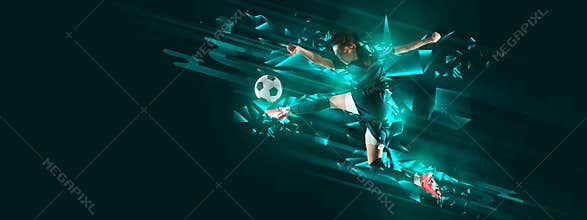 Flyer with female soccer, football player in motion and action with ball isolated on dark background with polygonal and