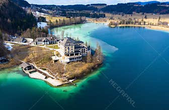 Aerial view, Fuschl Castle on Lake Fuschl. Salzburger Land, Salzkammergut, Upper Austria,