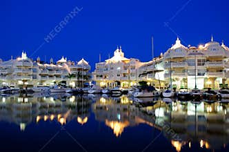 Marina area at night, Benalmadena, Spain.