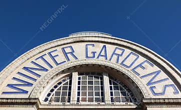 Sign above the entrance to the historic winter gardens building in Blackpool