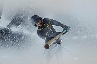 One professional baseball player in sports equipment training alone isolated on a snowy background. Sport, art, action