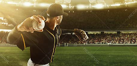 Professional baseball player taking a shot during match in crowed sport stadium at evening time. Sport, win, winner