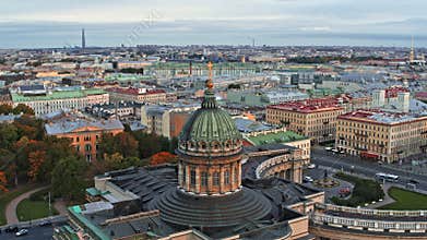 Panorama of the St.Petersburg. Drone view of Kazan cathedral dome.
