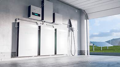 Concept of a home energy storage system based on a lithium ion battery pack situated in a modern garage with  view on a vast lands
