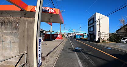 Gas station on the main street runing through Onjuku Town In Chiba Japan