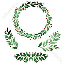Watercolor set with a simple Christmas wreath of green leaves and red berries. several watercolor elements for festive design, fra