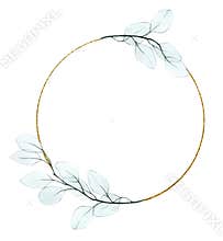Golden round frame with transparent watercolor eucalyptus leaves. vintage design for wedding, greeting card, invitation. delicate