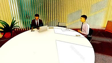 Man at an interview job, sitting in an office in front of the employee, cartoon sketch