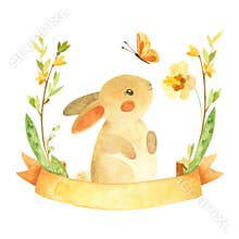 Cute Easter Bunny with ribbon, butterfly and flower wreath. Easter or children`s themed birthday card template with a rabbit