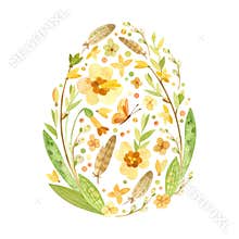 Easter card in the shape of an egg with Easter eggs, pussy willow, feathers and spring flowers.