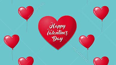 Animation of heart with words inside using cursive typography. Red heart shaped balloons rising up. Happy Valentine\'s Day.