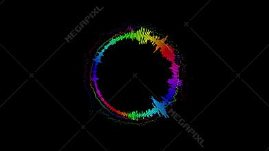 Abstract circular spinning spectral wave design on black background