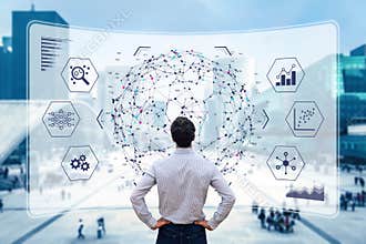 Big data analytics visualization technology with scientist analyzing information structure on screen with machine learning to