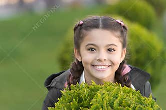 Skincare and beauty. Spring fashion for little girl. Little girl has beauty hairstyle. Happy child with thuja. Park and