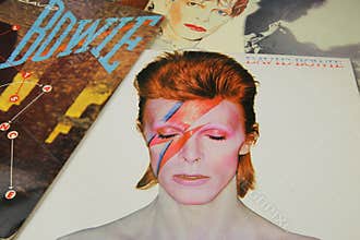 Close up of vintage vinyl records cover collection from singer David Bowie
