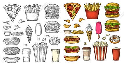 Set fast food. Coffee, hamburger, pizza, hotdog, fry potato, popcorn