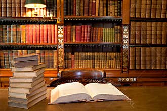 Open book in study or library